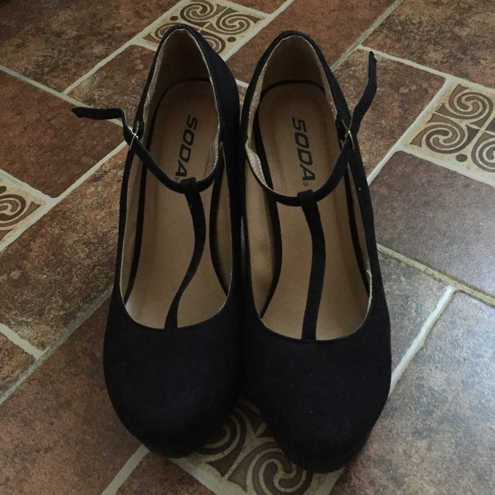 Soda Cute Black Wedge T Strap Platform Heels